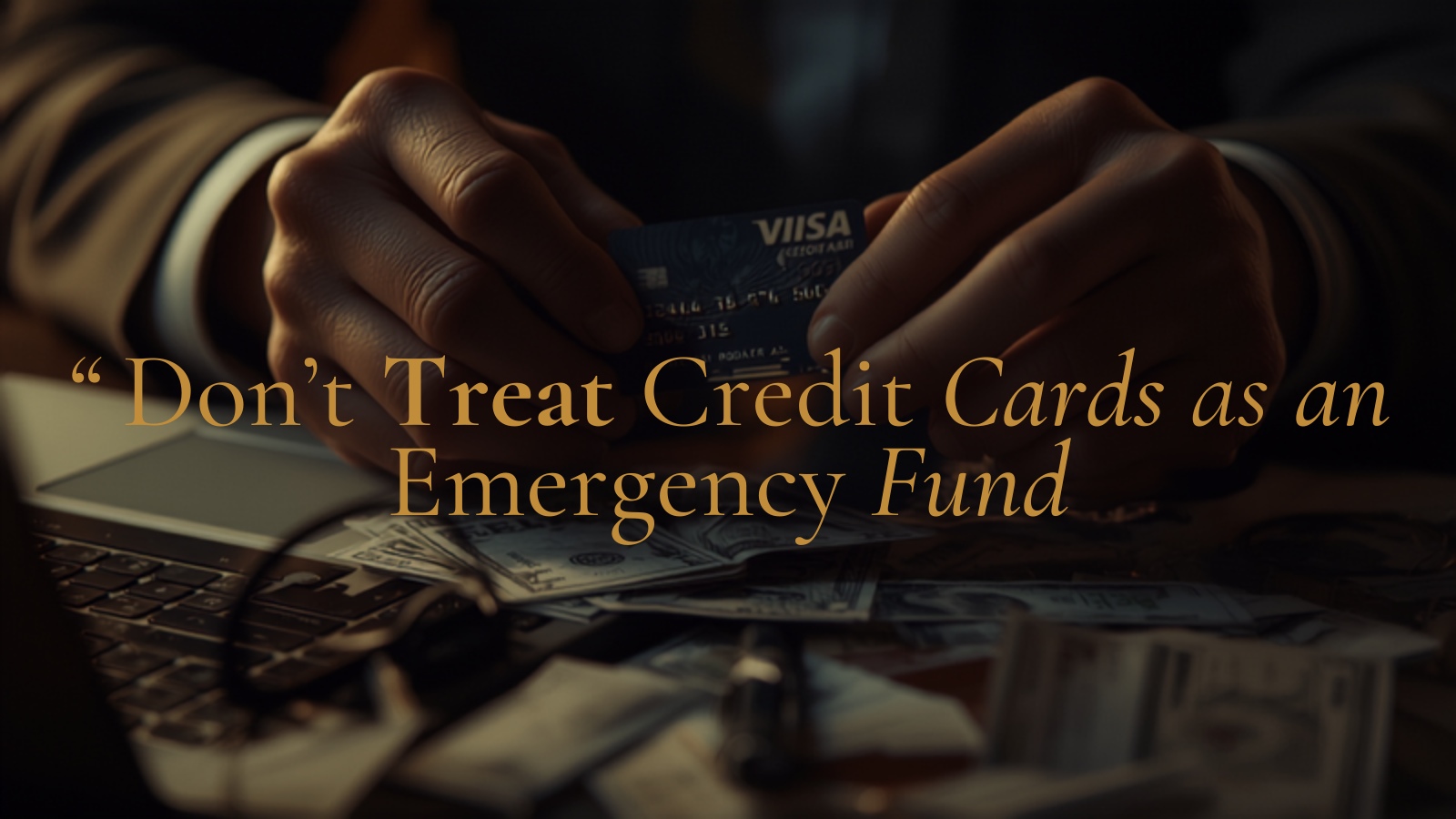 Hands holding a credit card over unpaid bills, showing why credit cards are not an emergency fund