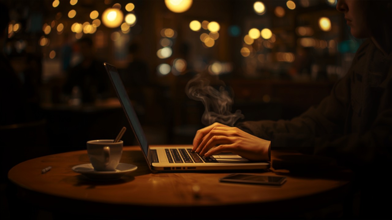 Laptop and coffee on a cafe table while building a first side income